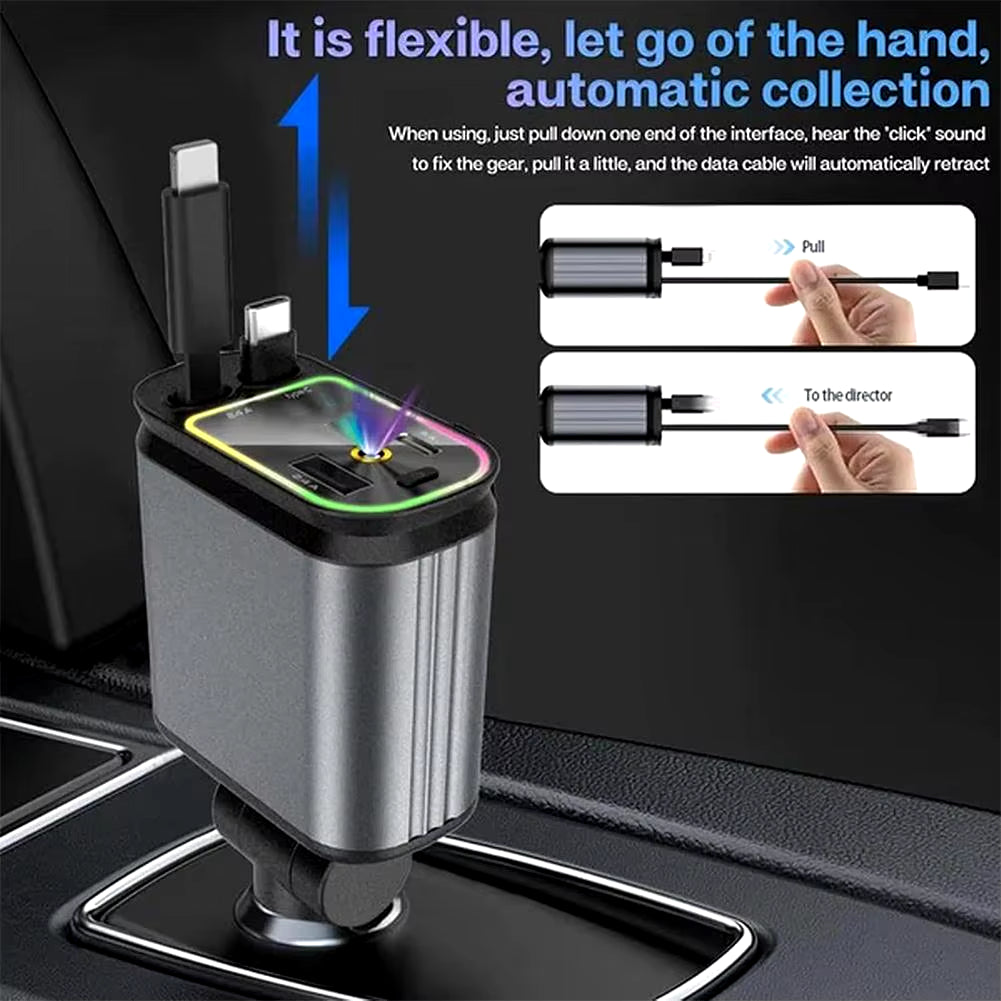 The New 4-In-1 Retractable Car Charger Type C Cable Is Suitable for All Models of Super Fast Charging Cable Cigarette Light Y8M5