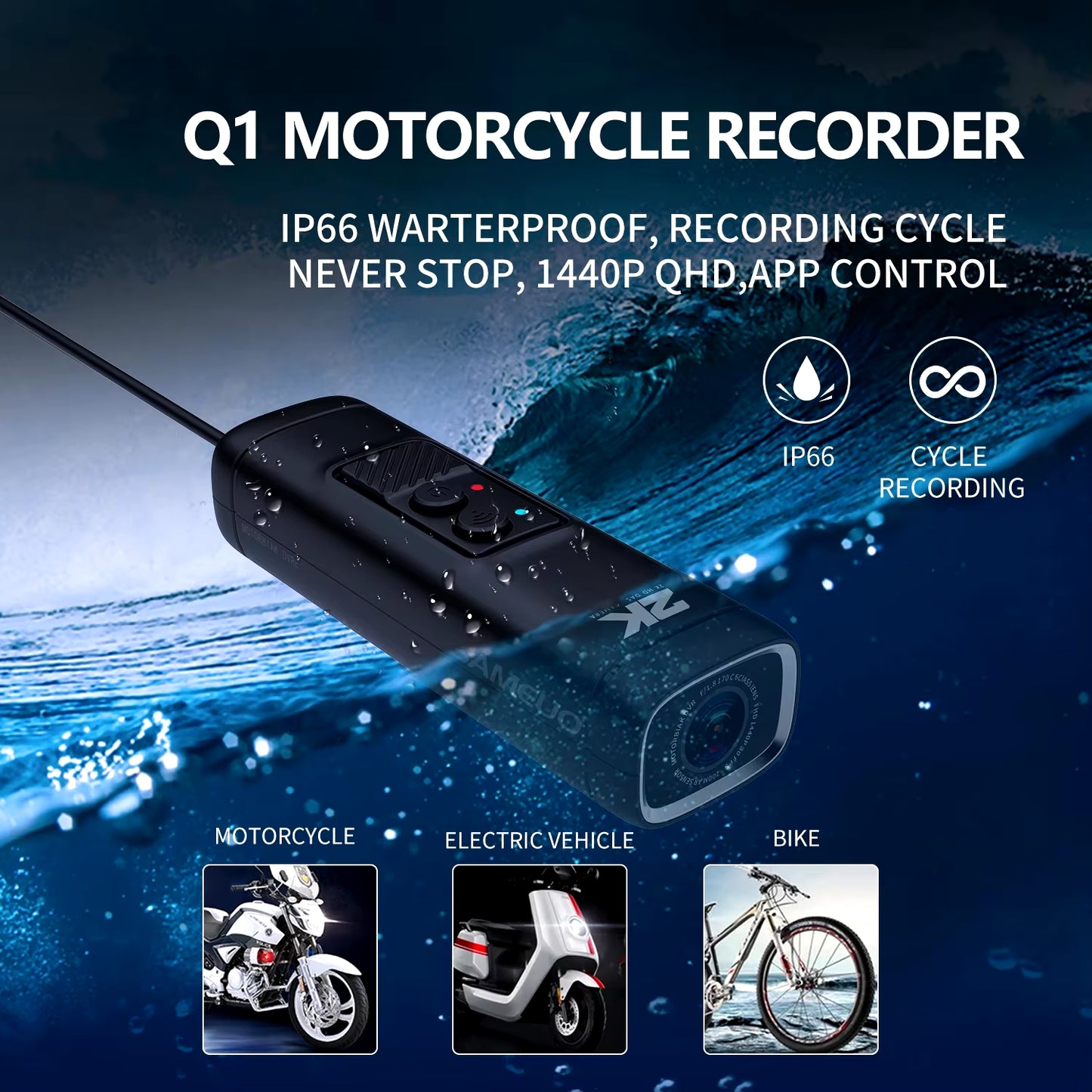 Motorcycle Camera Video Recorder Dashcam 2K 1440P Motor Bicycle Camera Helmet Camera Wifi Motor Bike DVR Dash Cam Night Vision