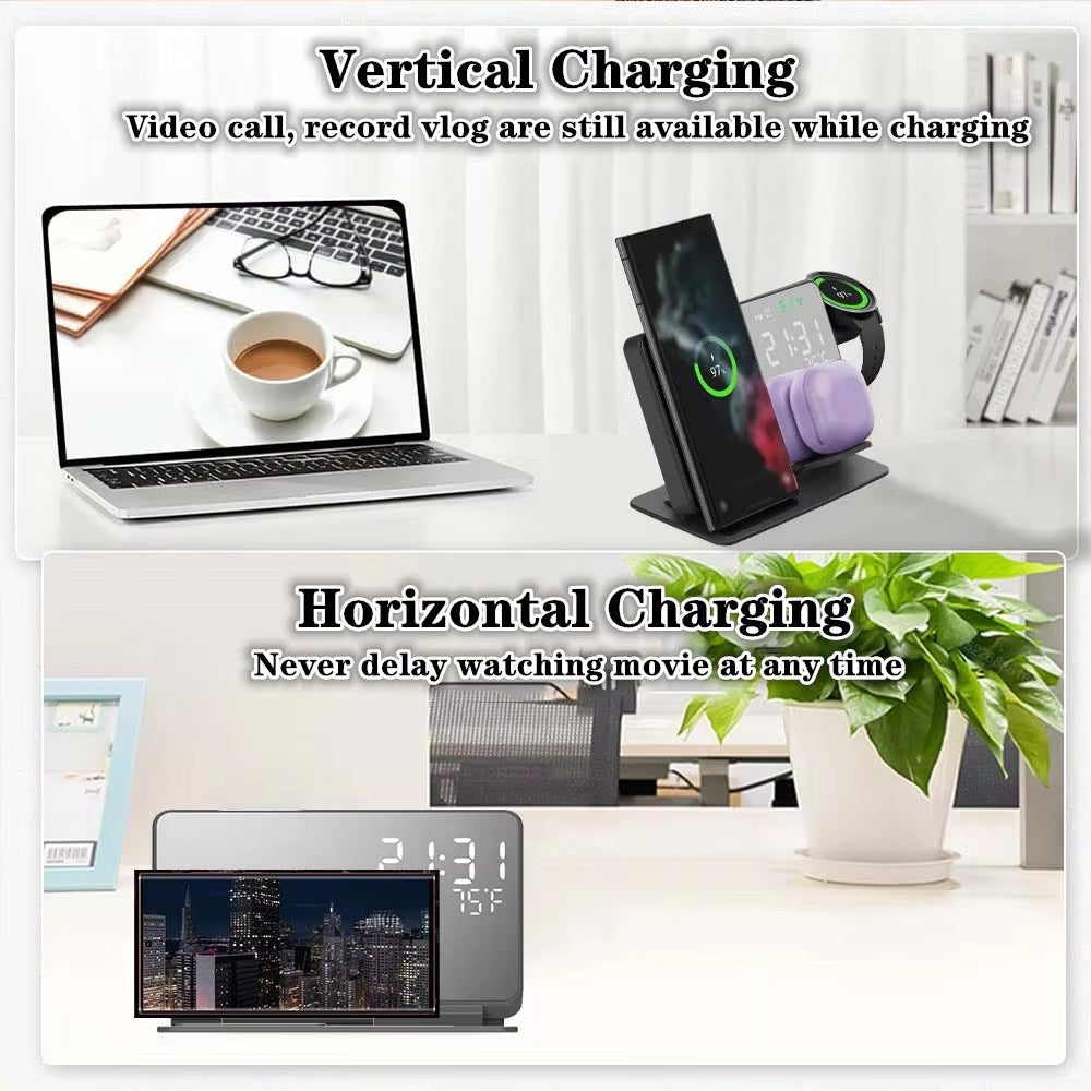 3 in 1 Wireless Charger for  Galaxy Watch 6 5 Pro Fast Charging Station for Galaxy S24 S23 S22 Alarm Clock Chargers Stand